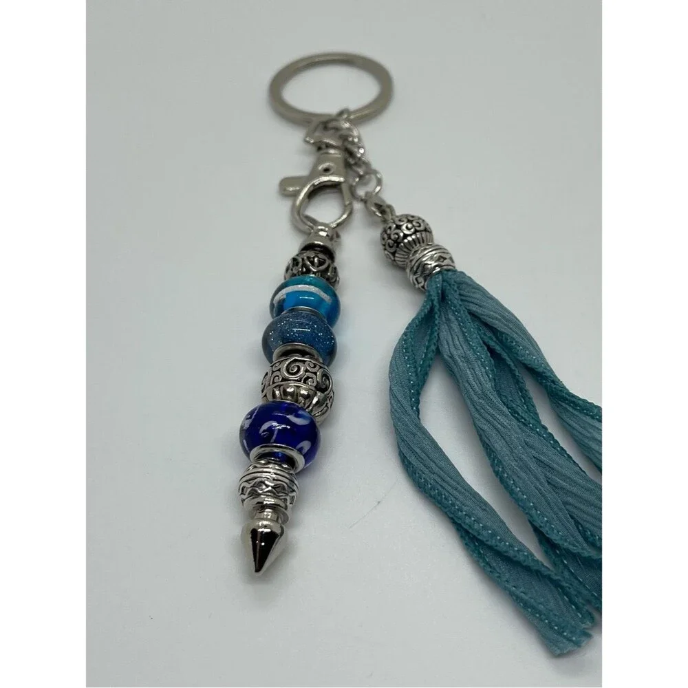 Hand-Crafted Blue Silver Silk Tassel Beaded Purse Charm Keychain NWT